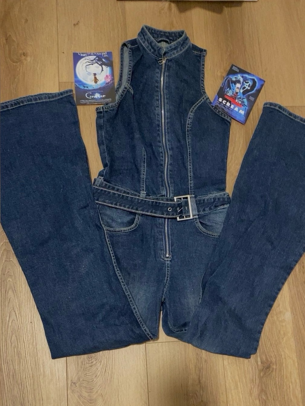 Bershka Dark Blue Denim Jumpsuit with Waist Belt